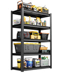 Heavy Duty Steel Garage Shelving Unit 48 Inch Wide Five Shelf Storage Rack Ideal For Tools Bins And Heavy Equipment With Stable Reinforced Frame And Up To Two Thousand Pounds Capacity filled with tools and supplies