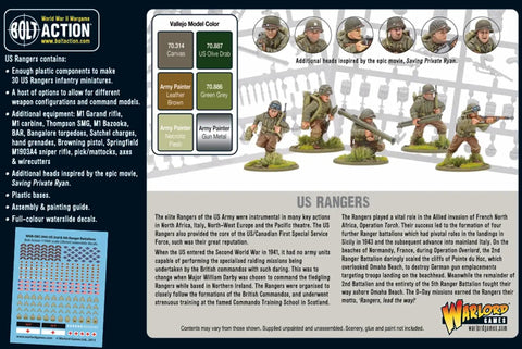 Box contents of US Rangers 28mm Plastic Miniatures for World War II Tabletop Wargaming with infantry figures and weapon options.