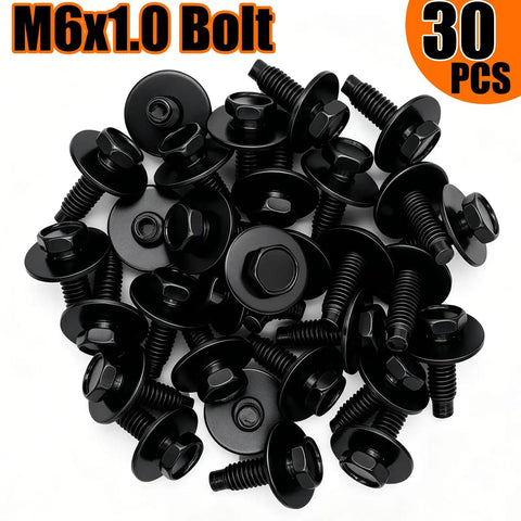 Rock Solid M6 1.0 By 25Mm Hex Head Sems Bolts With 19.5Mm Washers 30 Pack Heavy Duty Auto Body Fasteners in black arrangement.