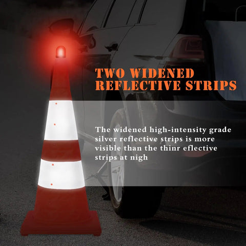 28 Inch Collapsible LED Traffic Cones Four Pack Pop Up Reflective Safety Cones beside car at night with LED light on top