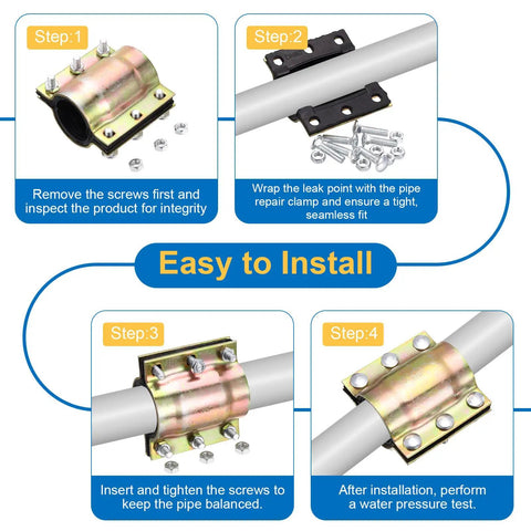 Installation steps for Water Pipe Repair Clamp Kit For 60mm OD Pipes, 4.72 Inch Length, Carbon Steel Leak Sealer Clamp on pipe.