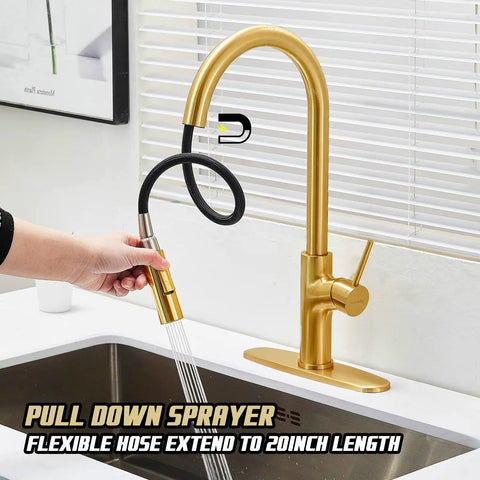 Top Shelf Brushed Titanium Gold Kitchen Faucet With Pull Down Magnetic Docking Sprayer, single handle, in use next to sink