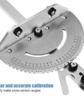 Heavy Duty Aluminum Miter Gauge With Quick Gliding Push Handle And Twenty Seven Degree Angle Stops gives clear calibration for accurate angles.