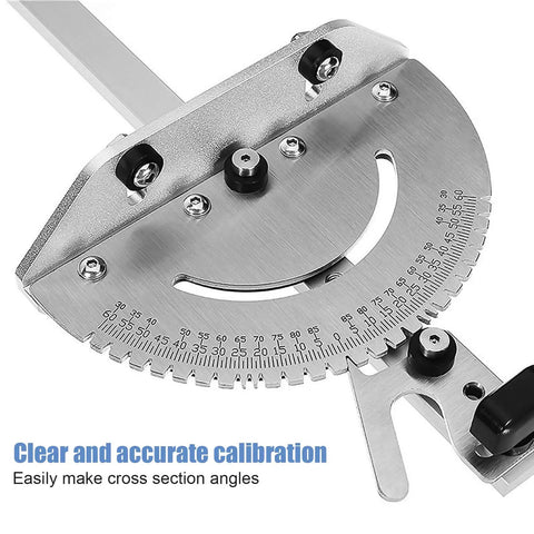 Heavy Duty Aluminum Miter Gauge With Quick Gliding Push Handle And Twenty Seven Degree Angle Stops gives clear calibration for accurate angles.