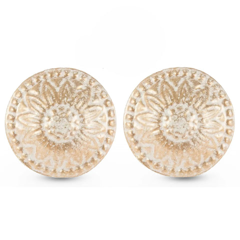Pair of embossed white metallic floral drawer knobs, 1.5x1.5x1.25in, for easy install, Freshen Up Your Space With These Heavy Duty White Metallic Floral Drawer Knobs Quick Swap Easy Install Straight Up Nice Classy Vintage Vibes Upgrade Any Kitchen Cabinet Smooth Operation Now.