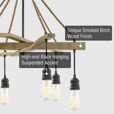 Close-up of Farmhouse Style 6 Light Rope Pendant Chandelier in Smoked Birch and Textured Black Finish with hanging sockets