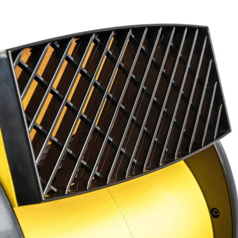 Close-up of grill on Heavy Duty Utility Blower With 3 Speed Portable Floor Fan, Pivoting Head, Built In Outlet, And Rugged Construction