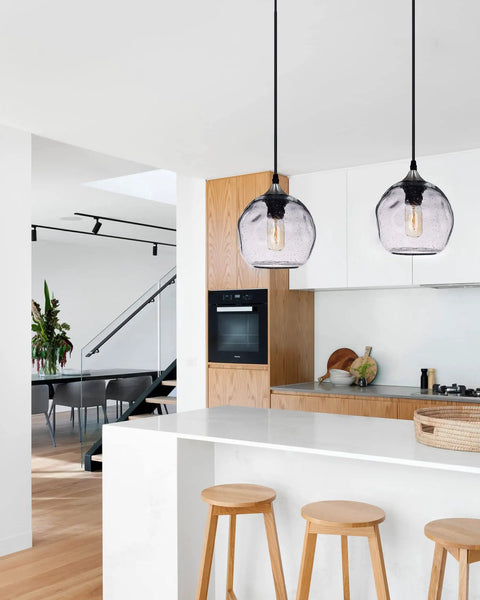Two Pack Pendant Lights Art Glass Snowflake Design For Kitchen Island And Bedroom Nook, Clear Seeded Bubble Glass, 7 Inch Diameter