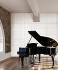 12 Pack Soundproof Acoustic Wall Panels With Strong Adhesive Backing textured polyester fiber tiles in modern music studio with grand piano.
