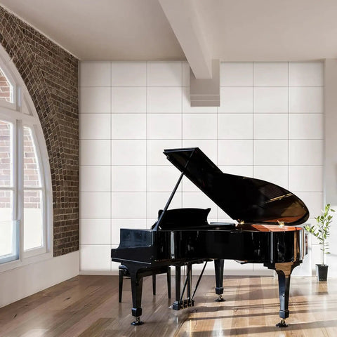 12 Pack Soundproof Acoustic Wall Panels With Strong Adhesive Backing textured polyester fiber tiles in modern music studio with grand piano.