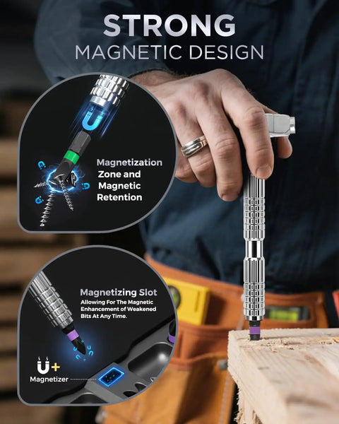Close-up of Do It All 40 In 1 Magnetic Ratchet Screwdriver Set With Detachable Alloy Handle S2 Steel Bits in use on wood.