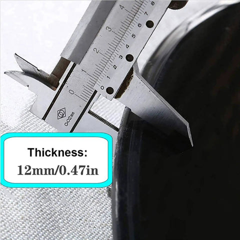 Caliper measuring thickness of 12mm on Extra Large 30 Inch Lazy Susan Turntable With Tempered Glass Top Anti Tilt Design And Auxiliary Wheels