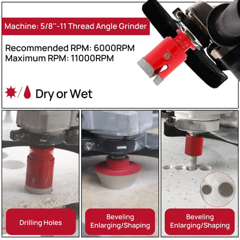 Diamond Core Drill Bit Set 11pc for Porcelain Ceramic Tile Marble Granite in action with angle grinder and bevel chamfer bit