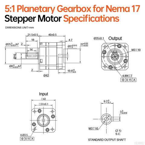 5:1 planetary gearbox for Nema 17; front and side technical drawings show input/output shafts.