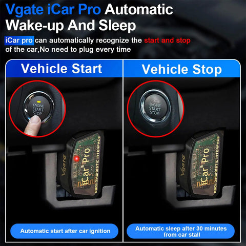 Vgate iCar Pro Bluetooth OBD2 Diagnostic Tool for iOS Android Windows showing automatic wake-up and sleep modes