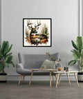 Living room with framed 5D Diamond Painting Kit for Grownups Deer Design, 13.8x13.8 inches, on wall above a gray sofa.
