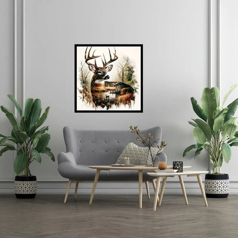 Living room with framed 5D Diamond Painting Kit for Grownups Deer Design, 13.8x13.8 inches, on wall above a gray sofa.