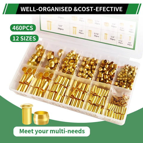 Brass Compression Sleeve Kit With 460 Pieces Ferrules Inserts Fittings Assortment for Air Water Oil Gas Tubes in plastic organizer