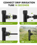 Image showing steps to connect 30 Pieces Drip Irrigation Emitters With Quick Connect And Adjustable 360 Degree Water Flow For One Quarter Inch Tubing Garden Irrigation System Outdoor Indoor Plant Watering With Leak Proof Connection And Industrial Grade Plastic.