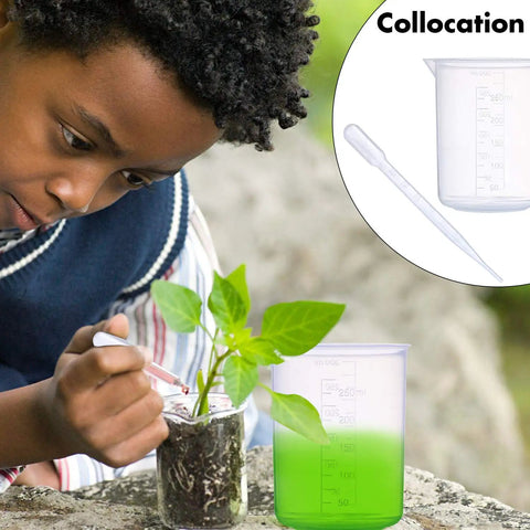 Child using Plastic Beaker Set With Five Size Low Form Graduated Beakers In 500 Ml 250 Ml 100 Ml 50 Ml 25 Ml And Five Droppers For Lab Experiments Durable Polypropylene Chemical Resistant Shatterproof Ideal For Scientific Classrooms And Home Projects outdoors with plant.