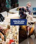 13-piece cobalt drill bits set collage; workers drill wood and metal with power drills, wearing safety gear.