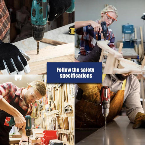 13-piece cobalt drill bits set collage; workers drill wood and metal with power drills, wearing safety gear.