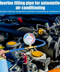 R134A Car Air Conditioning Refrigerant Charge Hose Kit With Gauge And Half Inch Dispensing Valve in vehicle engine bay