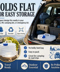 Collapsible Water Container With Spigot For Camping And Outdoors in SUV trunk, flat folded, ready for space-saving storage.
