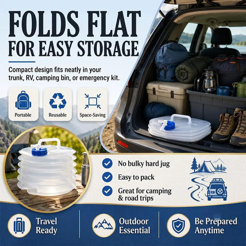 Collapsible Water Container With Spigot For Camping And Outdoors in SUV trunk, flat folded, ready for space-saving storage.