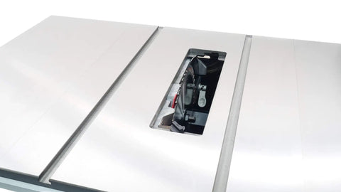Workhorse Cabinet Tablesaw Boasting A Beefy 7.5Hp Motor Integrated Dust Collection Gear And Factory Fresh Blade view of the blade opening on cast iron top.