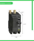 Beefy Bolt On QOB250CP Circuit Breaker With VisiTrip Indicator showing dimensions, designed for overload and short circuit protection