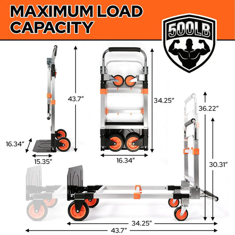 3 In 1 Aluminum Folding Hand Truck Dolly Cart With Wheels, Heavy Duty Convertible Cart, dimensions and load capacity shown