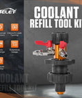 Coolant refill tool kit with orange metal body, black ribbed knob, two red valve levers and metal fittings, front view.