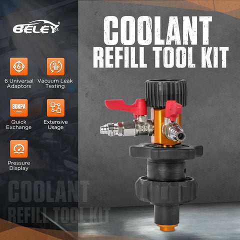 Coolant refill tool kit with orange metal body, black ribbed knob, two red valve levers and metal fittings, front view.