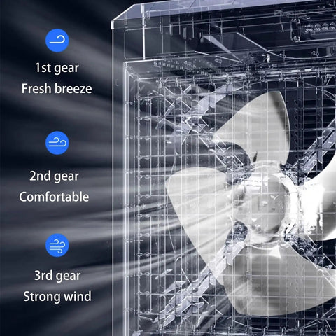Close-up of Portable Evaporative Air Cooler With Dual Water Tank And Three Fan Speeds for Bedroom with different speed settings.