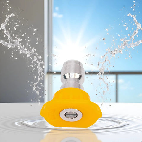 Yellow Washer Nozzle Tip For Home Pressure Washers High Pressure Lightweight And Beefy Durable Sprayer Attachment Stable Performance For Roof Wall Floor Gutter Cleaning Parts And Accessories on flat surface with water spray