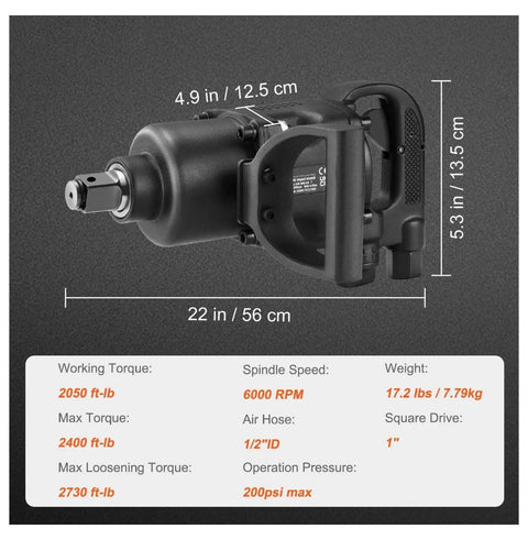 1 Inch Air Impact Wrench Delivers 2730 Ft Lbs Breakaway Torque As A Lightweight Heavy Duty Pneumatic Impact Gun, side view with dimensions.