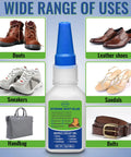Wide range of uses for Strong Boot Glue bottle with examples including leather shoes, boots, sneakers, sandals, handbag, and belts.