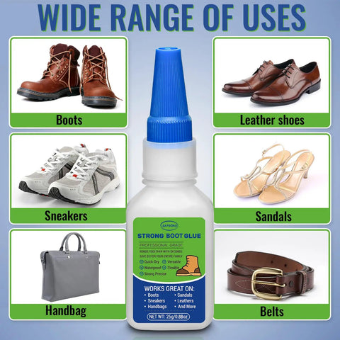 Wide range of uses for Strong Boot Glue bottle with examples including leather shoes, boots, sneakers, sandals, handbag, and belts.