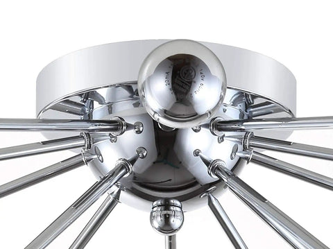 Close-up of the central fixture on Chrome 20 Inch 7 Light Sputnik Flush Mount Ceiling Light Fixture Dope Contemporary Mid Century Style For Living Room Or Bedroom UL Listed LED Bulbs Included Easy Upgrade
