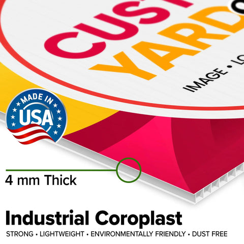Close-up of Custom Yard Sign Double Sided Lawn Sign 18x24 Inches 2 Pack Personalize With Text And Logo Made In USA label.