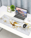 Desk setup with Boss Size Desk Pad For Gaming And Work 31.5 By 11.8 Inches Waterproof Thick Desk Mat with white gold marble flower design