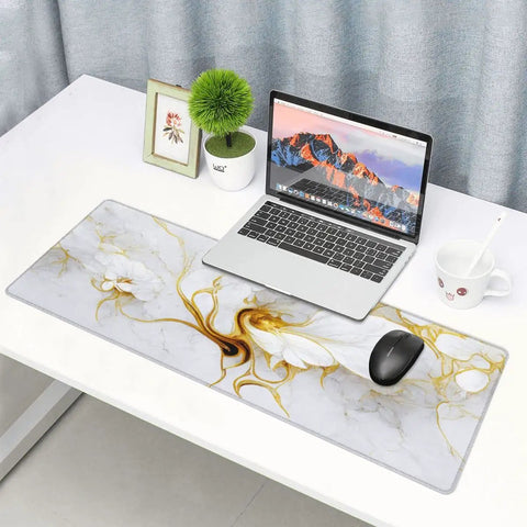 Desk setup with Boss Size Desk Pad For Gaming And Work 31.5 By 11.8 Inches Waterproof Thick Desk Mat with white gold marble flower design