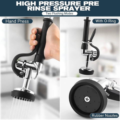 Commercial Sink Faucet - 21" Height Commercial Faucet Wall Mount with Pre-Rinse Sprayer showing hand press and rubber nozzles.