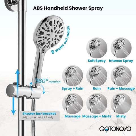 Thermostatic Shower Faucet Exposed Bathroom Setup With 8 Inch Round Wall Mounted Shower Head And ABS Handheld Sprayer No Tub Spout Eight Adjustable Modes Polished Chrome Finish Anti Scald Core High Quality Brass And Stainless Steel showing multiple spray modes