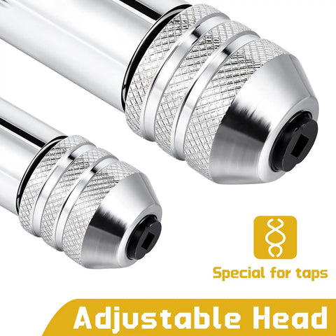 Close-up of adjustable head on Two Pack Ratchet T Handle Tap Wrenches, chrome finish, for easy manual tap adjustments.