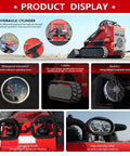 Product display of Compact Stand-On Skid Steer Loader with 23 HP gas engine, crawler tracks, waterproof instrument, and high-intensity lamp
