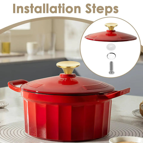 Universal Stainless Steel Dutch Oven Knob Replacement With Bright Gold Finish shown on red pot lid with screw kit