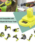 Universal Battery Adapter That Converts Dewalt 20V Max Lithium To Ryobi 18V P107 P108 Tools With Built In USB Charger 5V 2.1A Max, featured with compatible Ryobi tools.