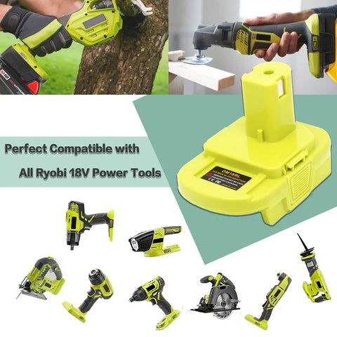 Universal Battery Adapter That Converts Dewalt 20V Max Lithium To Ryobi 18V P107 P108 Tools With Built In USB Charger 5V 2.1A Max, featured with compatible Ryobi tools.